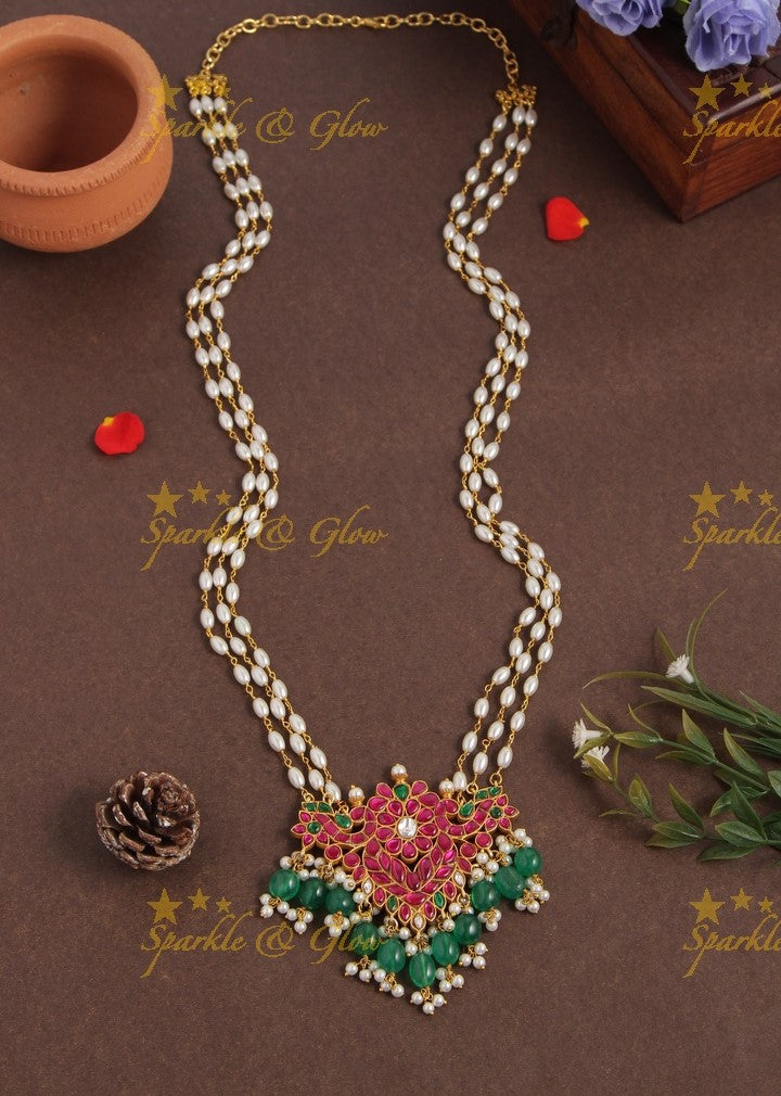 Beautiful Jadau Rice Pearl Layered Chain With Peacock Floral Pendant - Sparkle and Glow