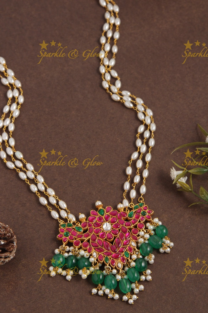 Beautiful Jadau Rice Pearl Layered Chain With Peacock Floral Pendant - Sparkle and Glow