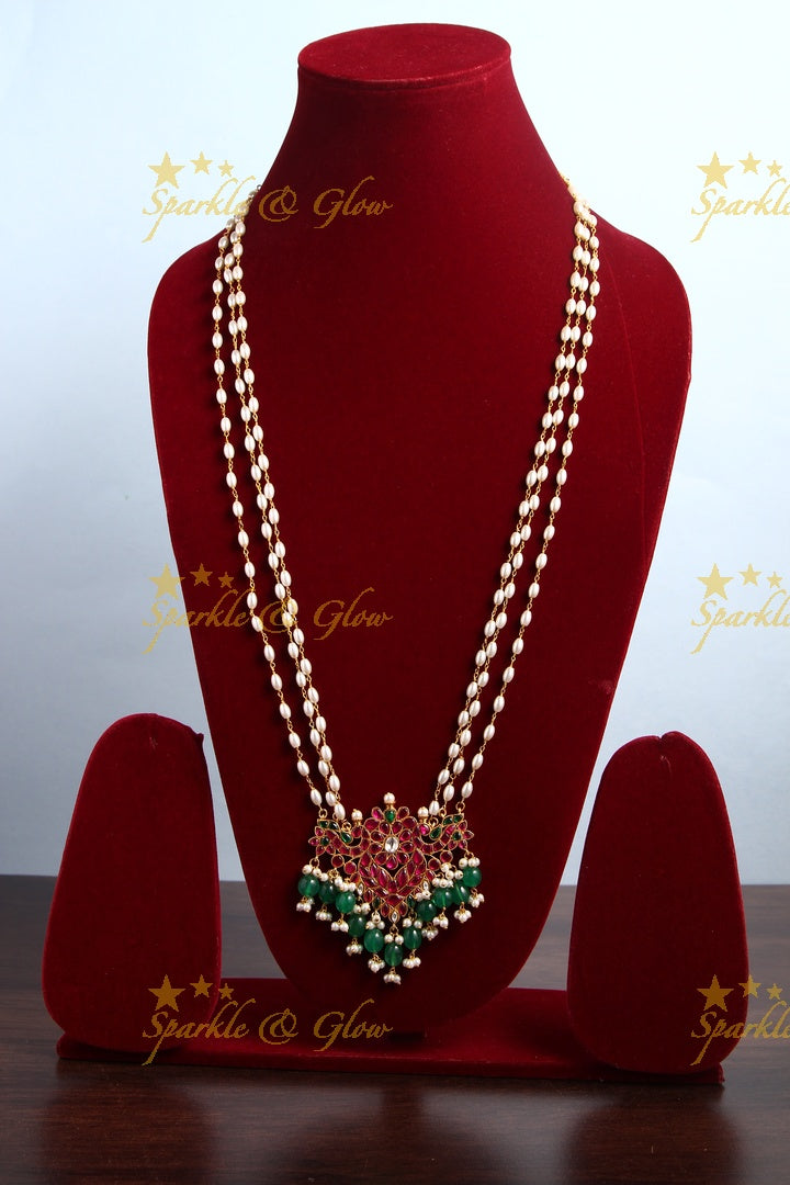 Beautiful Jadau Rice Pearl Layered Chain With Peacock Floral Pendant - Sparkle and Glow