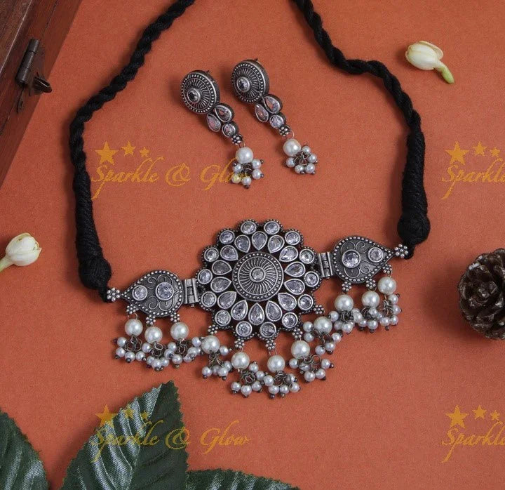 Grand Silver Alike Floral Pendant High Neck Choker- White - Sparkle and Glow