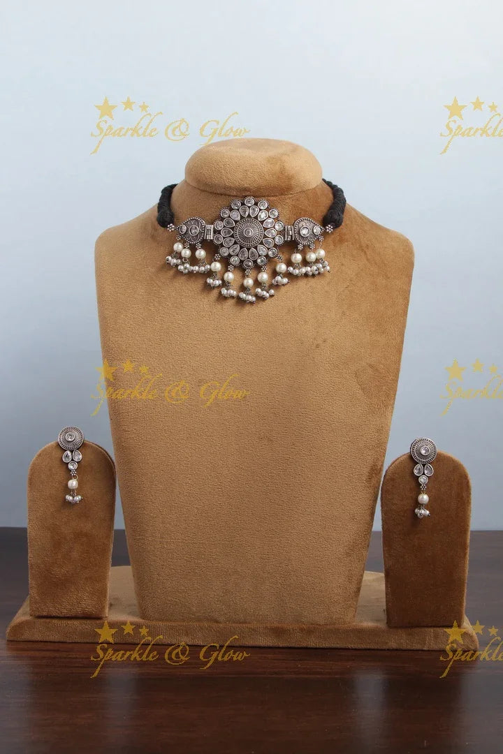 Grand Silver Alike Floral Pendant High Neck Choker- White - Sparkle and Glow