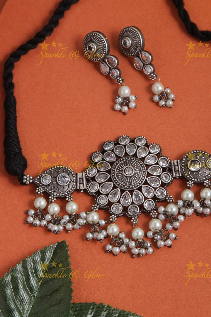 Grand Silver Alike Floral Pendant High Neck Choker- White - Sparkle and Glow