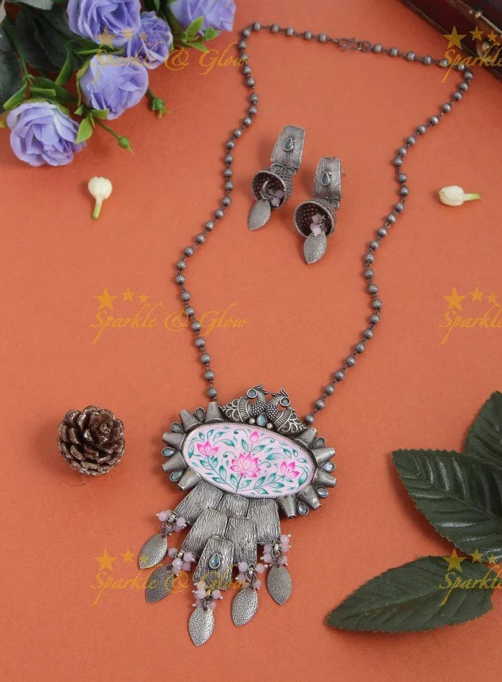 silver look alike peacock meenakari work pendent silver bead chain - Sparkle and Glow