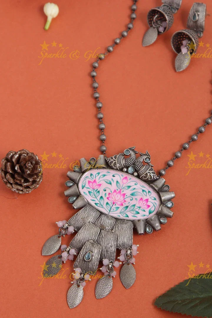 silver look alike peacock meenakari work pendent silver bead chain - Sparkle and Glow
