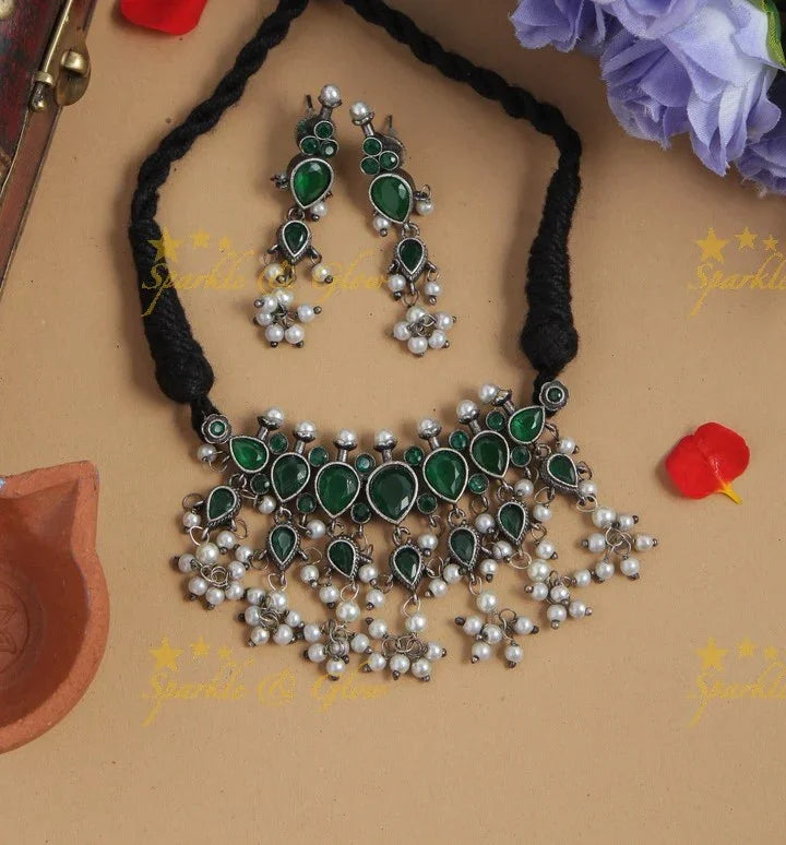 Graceful Silver Look Alike Tear Drop Shaped Gutta Pusalu Choker - Pink Green - Sparkle and Glow
