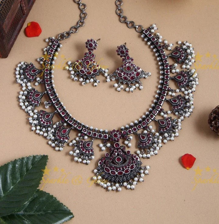 Exclusive Silver look alike peacock guttapusalu Necklace - Green - Sparkle and Glow