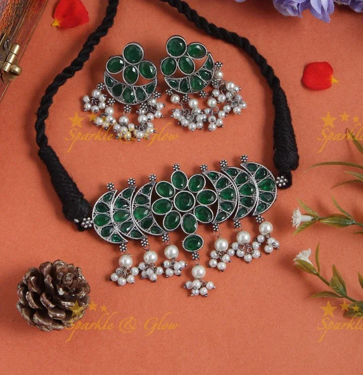 Graceful Silver look alike floral half moon pendent with pearls - Green - Sparkle and Glow