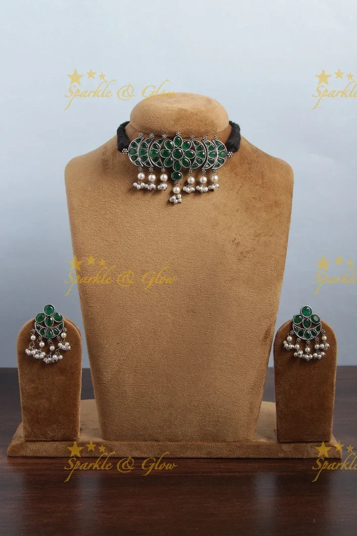 Graceful Silver look alike floral half moon pendent with pearls - Green - Sparkle and Glow