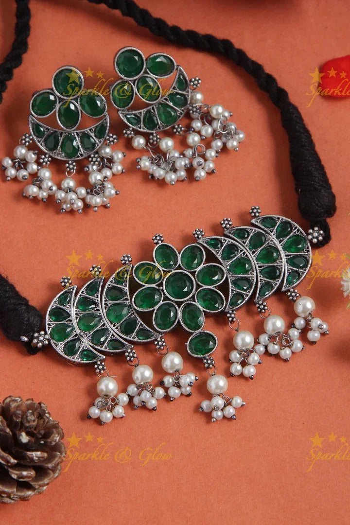 Graceful Silver look alike floral half moon pendent with pearls - Green - Sparkle and Glow