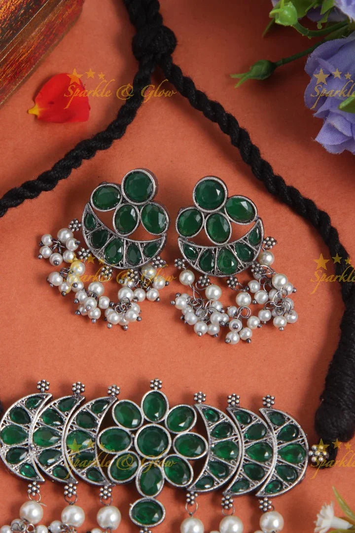 Graceful Silver look alike floral half moon pendent with pearls - Green - Sparkle and Glow