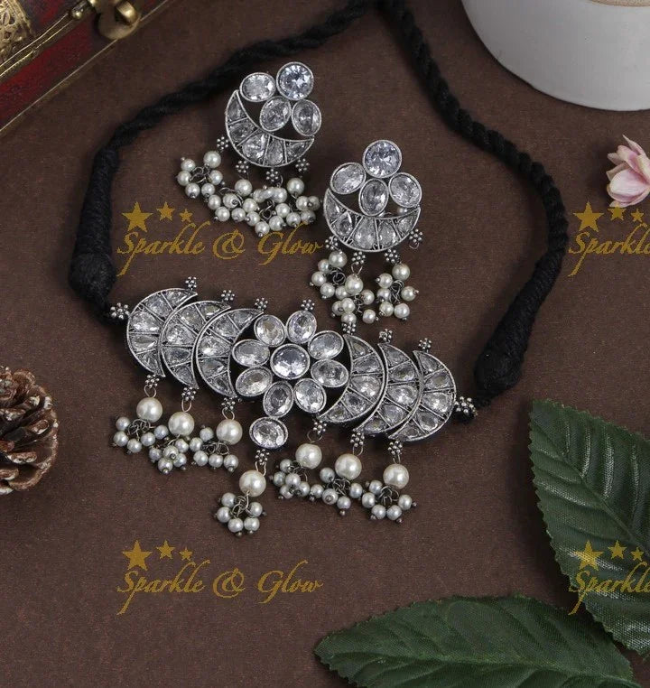 Graceful Silver look alike floral half moon pendent with pearls - Green - Sparkle and Glow