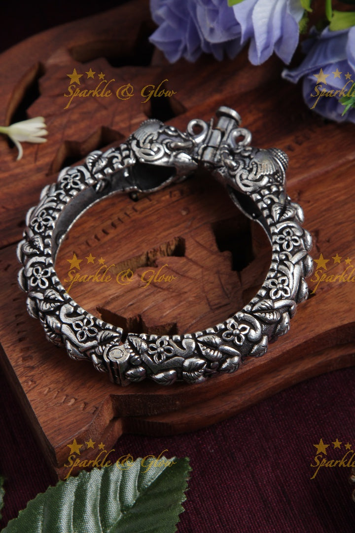 Intricately Carved elephant leaf branch openable bangle