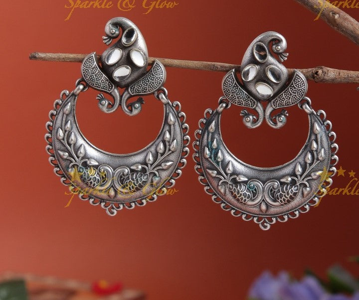 Silver look alike intricately carved chandbalis