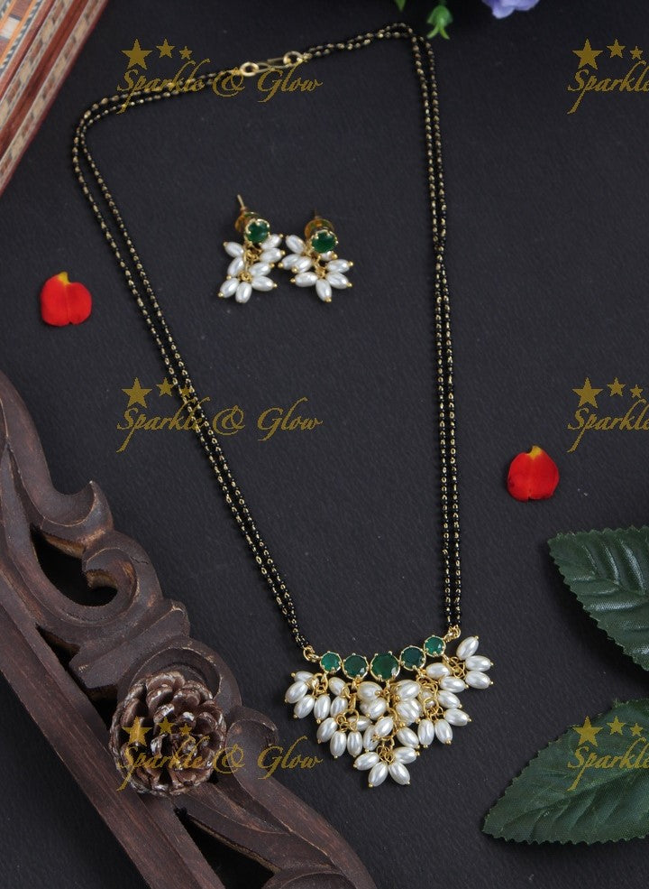 Gold alike black beads magalsutra rice pearls necklace - 18 inches - Black