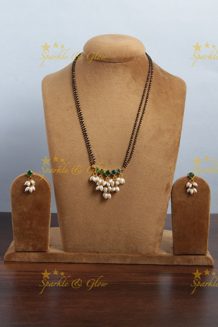 Gold alike black beads magalsutra rice pearls necklace - 18 inches - Green