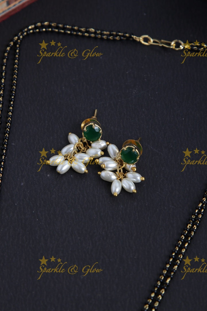 Gold alike black beads magalsutra rice pearls necklace - 18 inches - Green