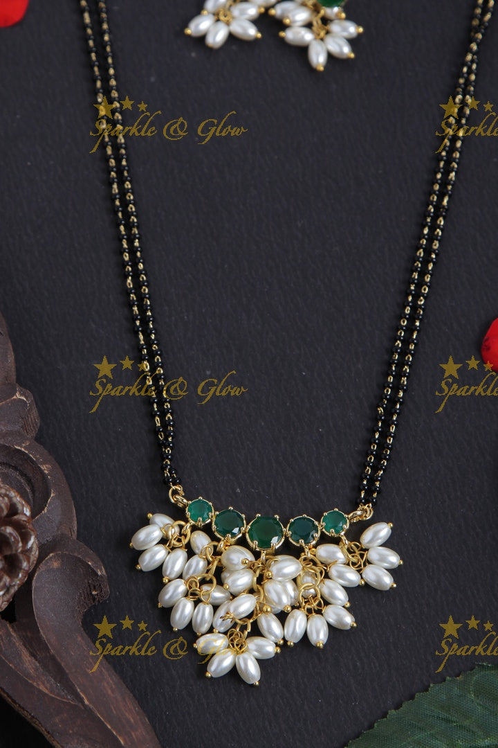 Gold alike black beads magalsutra rice pearls necklace - 18 inches - Green