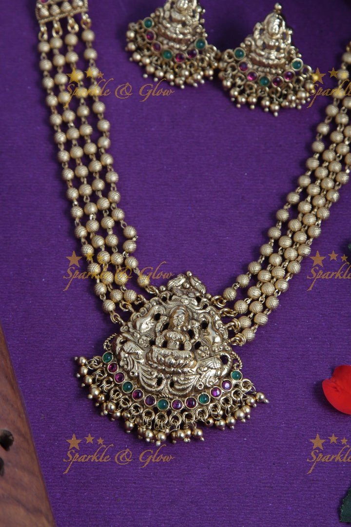 Gold alike lakshmi pendent gold beads choker - Sparkle and Glow - Back Thread - 