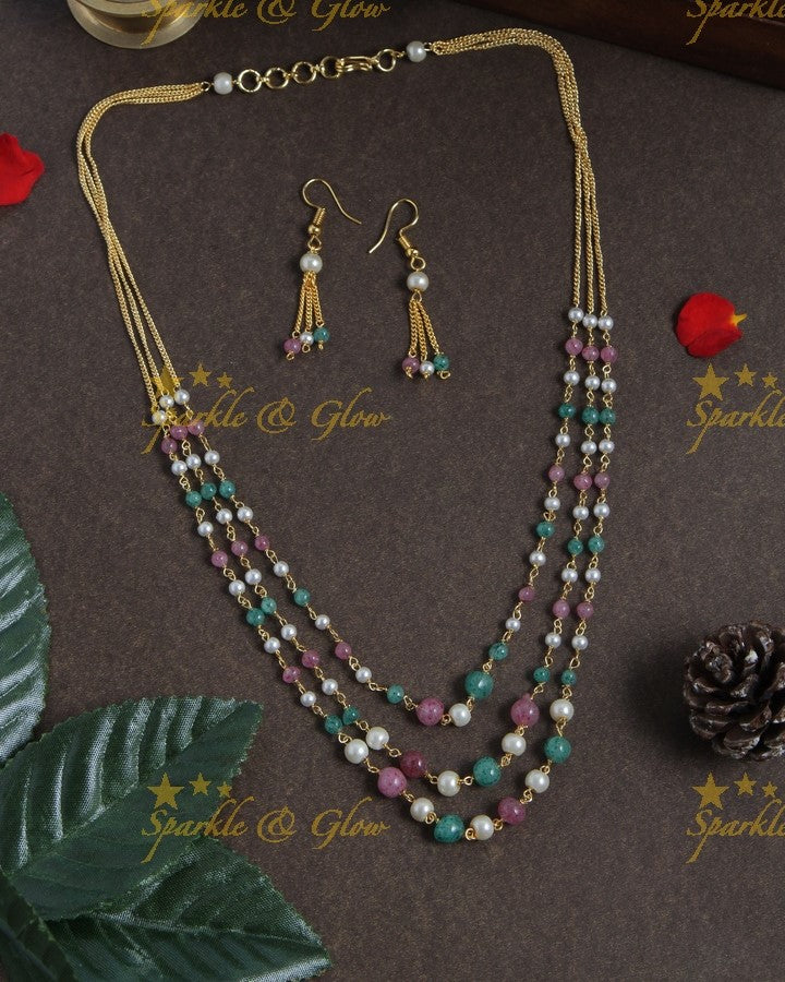 Gold alike long multicolor three laye bead necklace - 18 inches - Gold