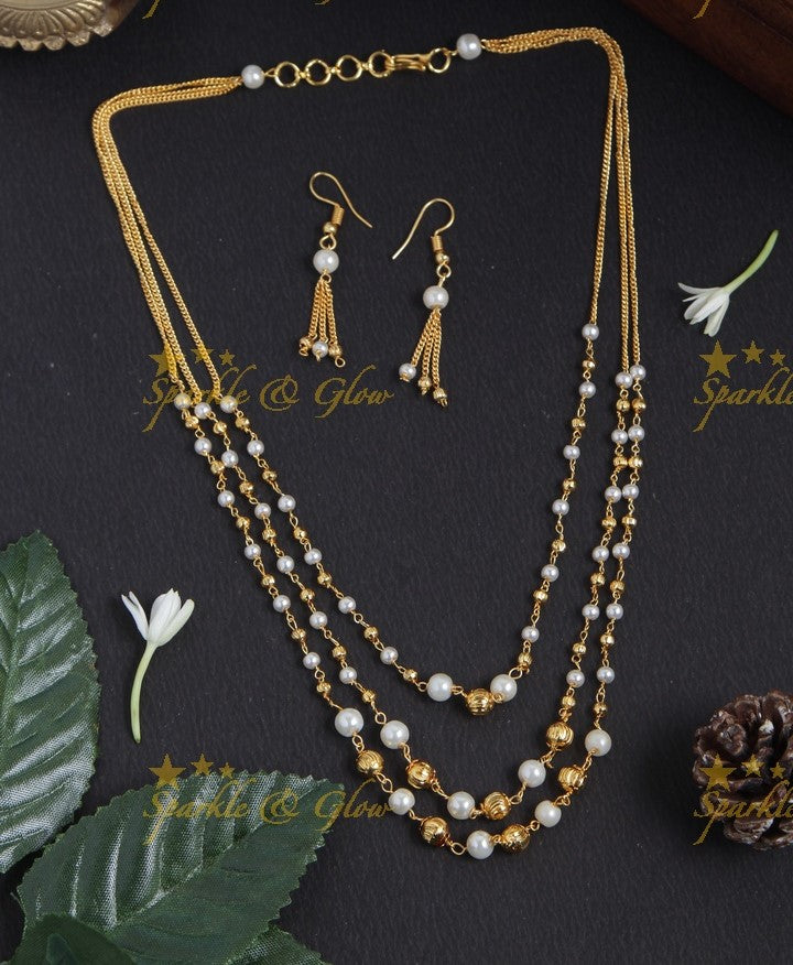 Gold alike long multicolor three laye bead necklace - 18 inches - Gold