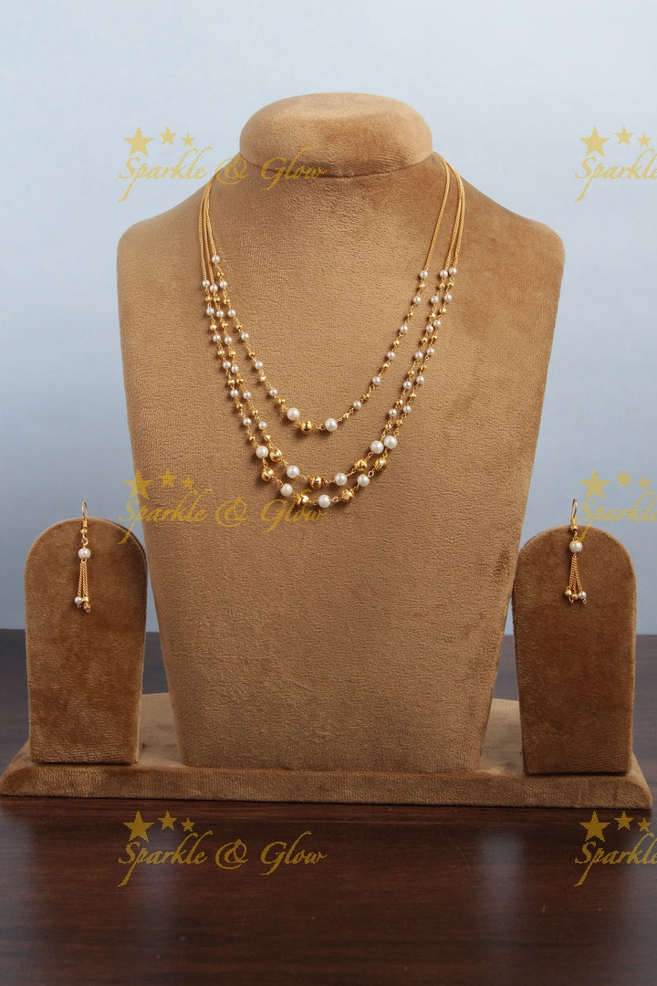 Gold alike long multicolor three laye bead necklace - 18 inches - Gold