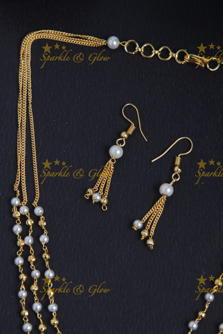 Gold alike long multicolor three laye bead necklace - 18 inches - Gold