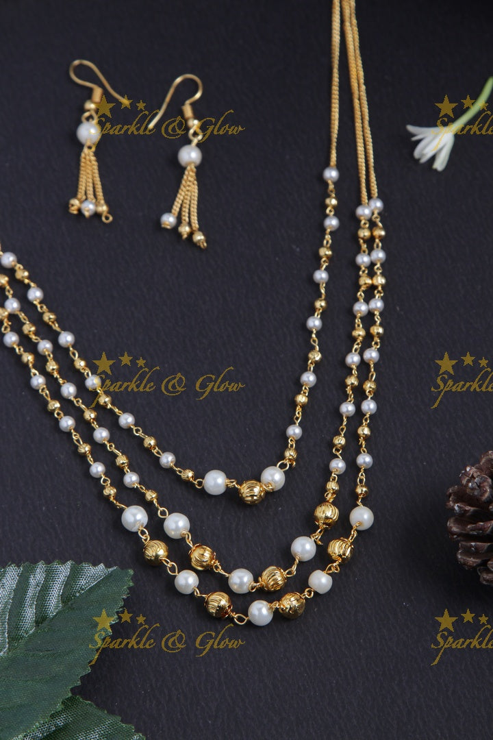 Gold alike long multicolor three laye bead necklace - 18 inches - Gold