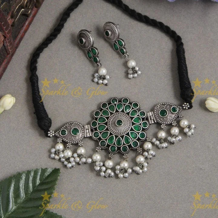 Grand Silver Alike Floral Pendant High Neck Choker- White - Sparkle and Glow