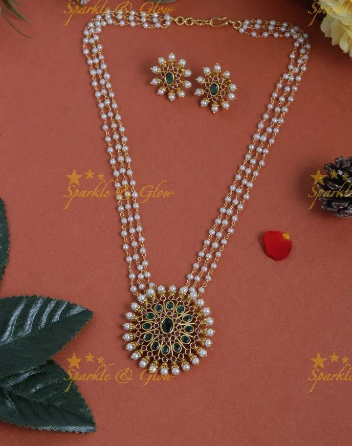 Premium Matt Long floral pearl long necklace - 18 inches - Green - Sparkle and Glow