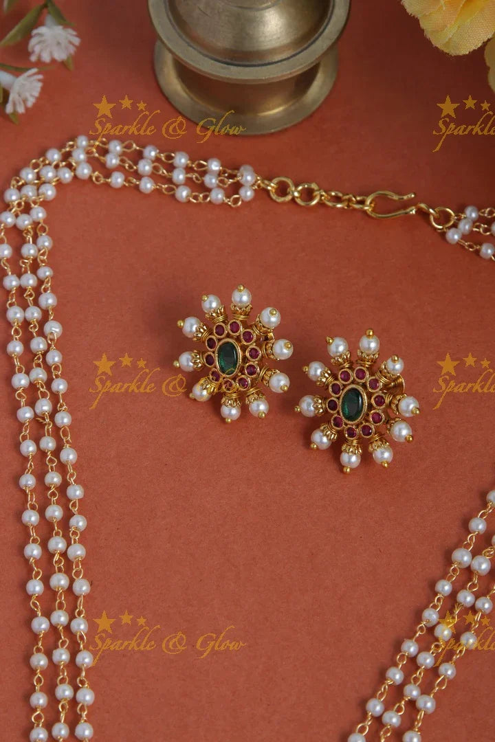 Premium Matt Long floral pearl long necklace - 18 inches - Green - Sparkle and Glow