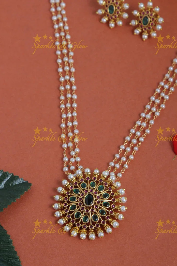 Premium Matt Long floral pearl long necklace - 18 inches - Green - Sparkle and Glow