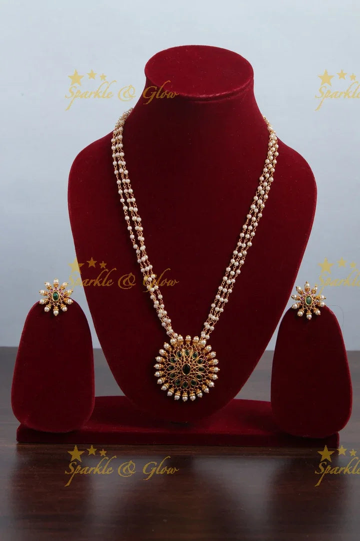 Premium Matt Long floral pearl long necklace - 18 inches - Green - Sparkle and Glow