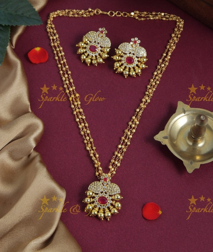 Premium Matt floral pendent gold bead pendent chain - 18 inches -  Pink