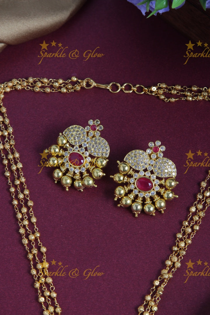 Premium Matt floral pendent gold bead pendent chain - 18 inches -  Pink