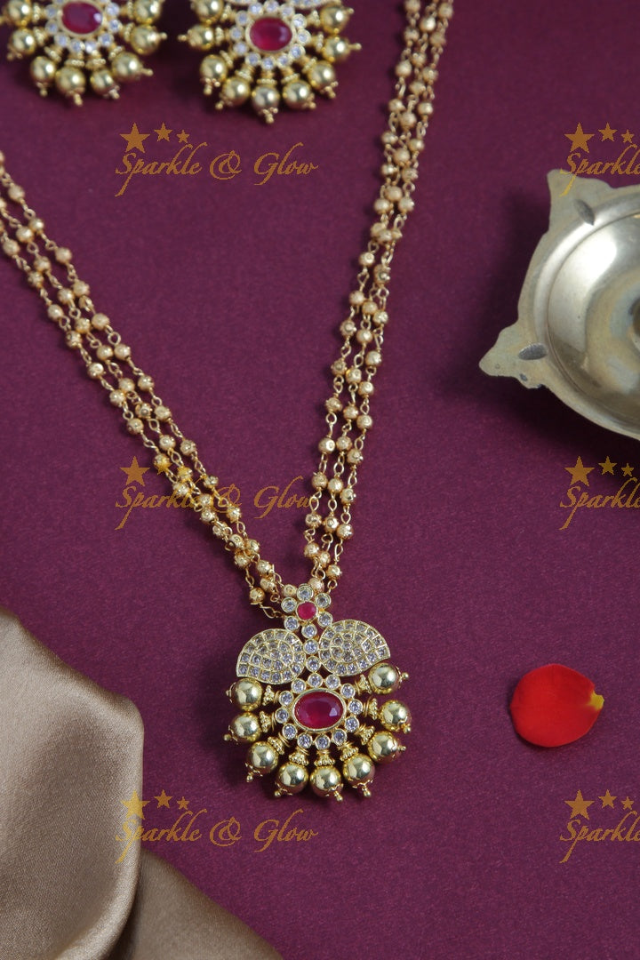Premium Matt floral pendent gold bead pendent chain - 18 inches -  Pink