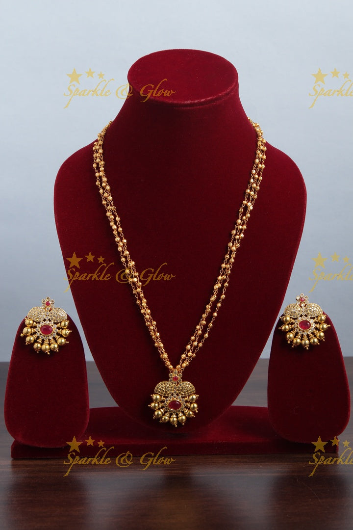 Premium Matt floral pendent gold bead pendent chain - 18 inches -  Pink