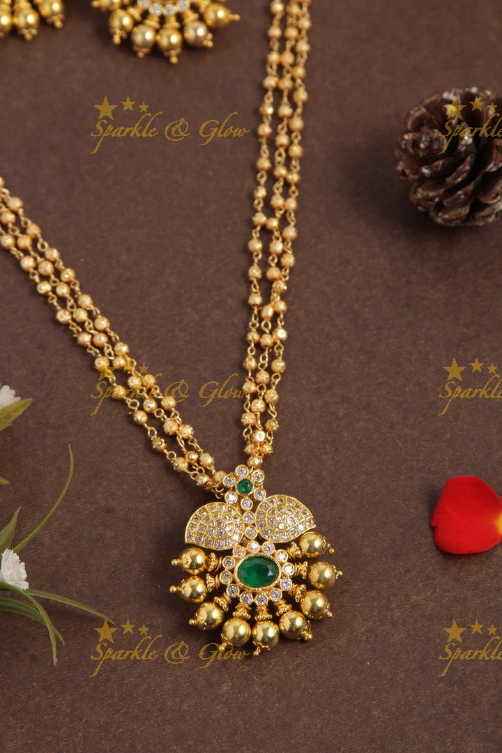 Premium Matt floral pendent gold bead pendent chain - 18 inches -  Green