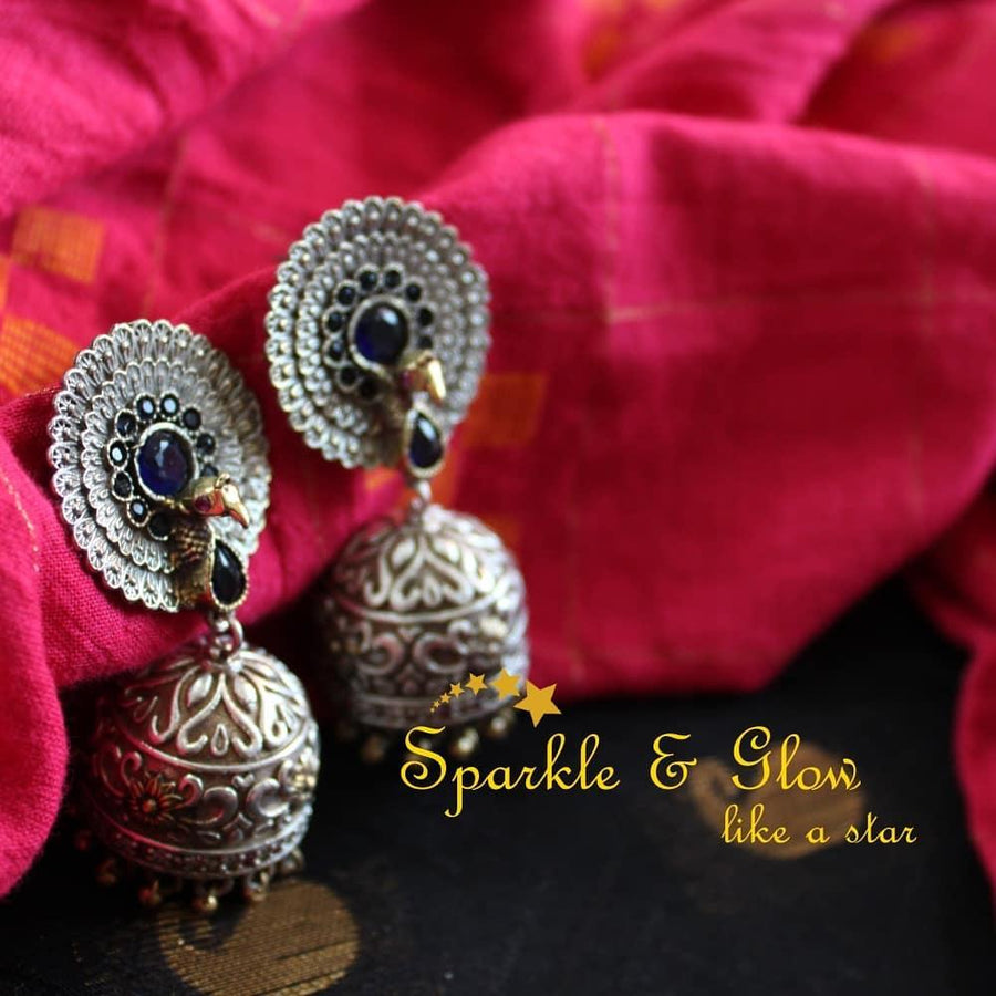 3D Peacock silver look alike dual tone jhumukas - Sparkle and Glow
