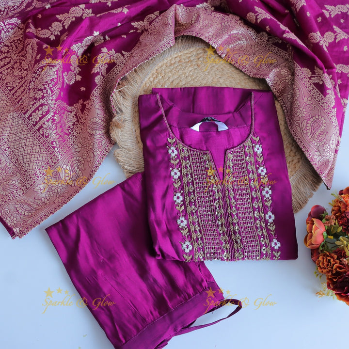 Gorgeous Roman Silk Kurti pant with Banarasi jacquard Dupatta set- Pink