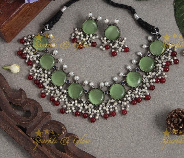 Alluring stone gutta pusalu necklace - Mint Green - Sparkle and Glow