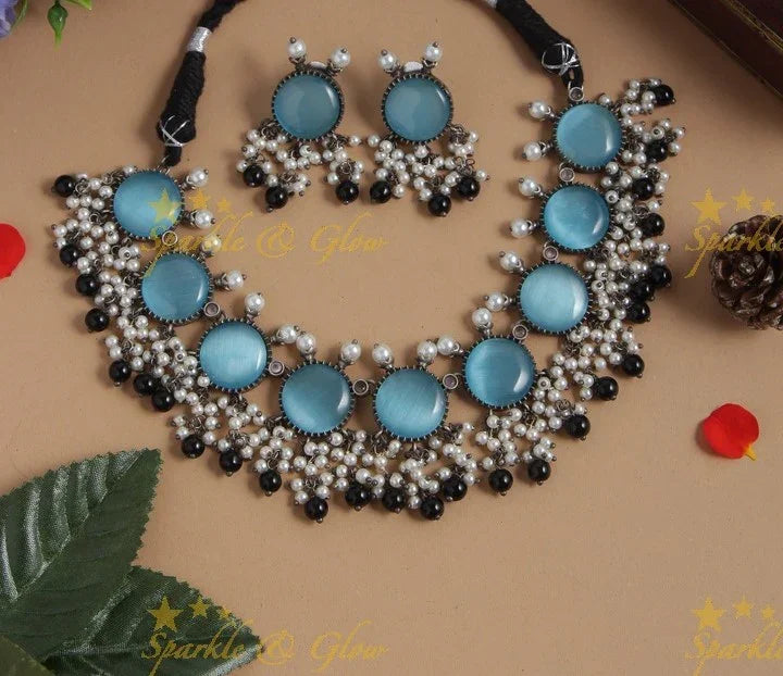 Alluring stone gutta pusalu necklace - Mint Green - Sparkle and Glow