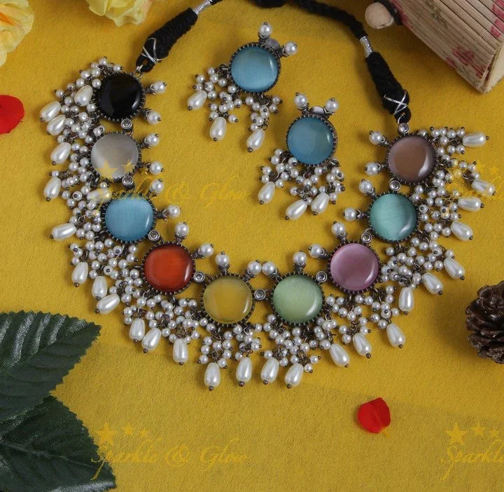 Alluring stone gutta pusalu necklace - Mint Green - Sparkle and Glow