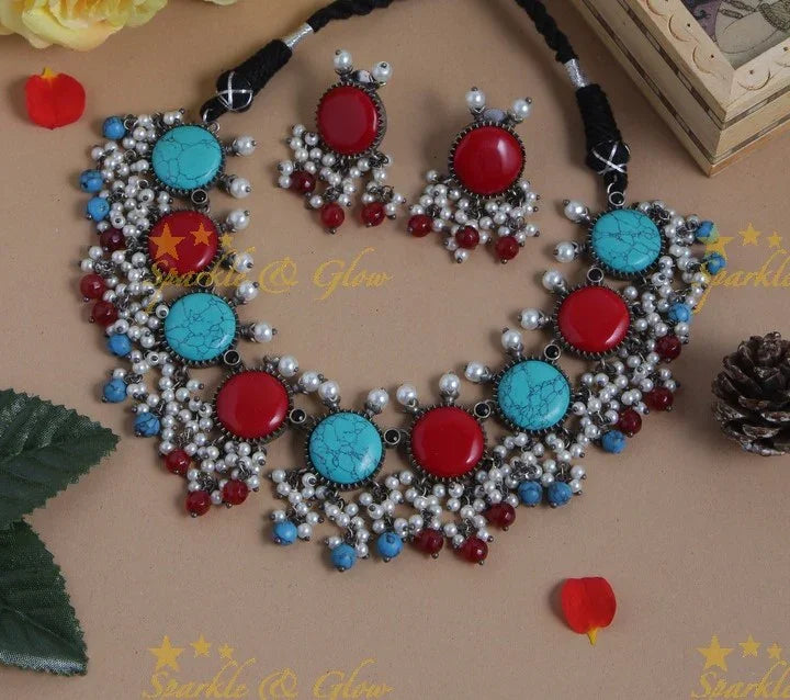 Alluring stone gutta pusalu necklace - Mint Green - Sparkle and Glow
