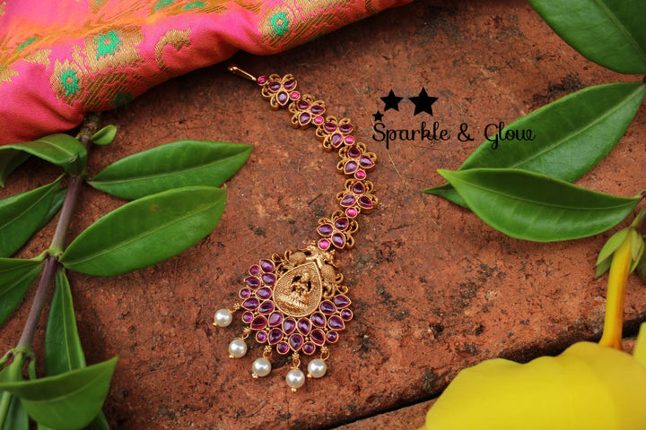Lakshmi single line maang tikka with kemp stones - Full kemp