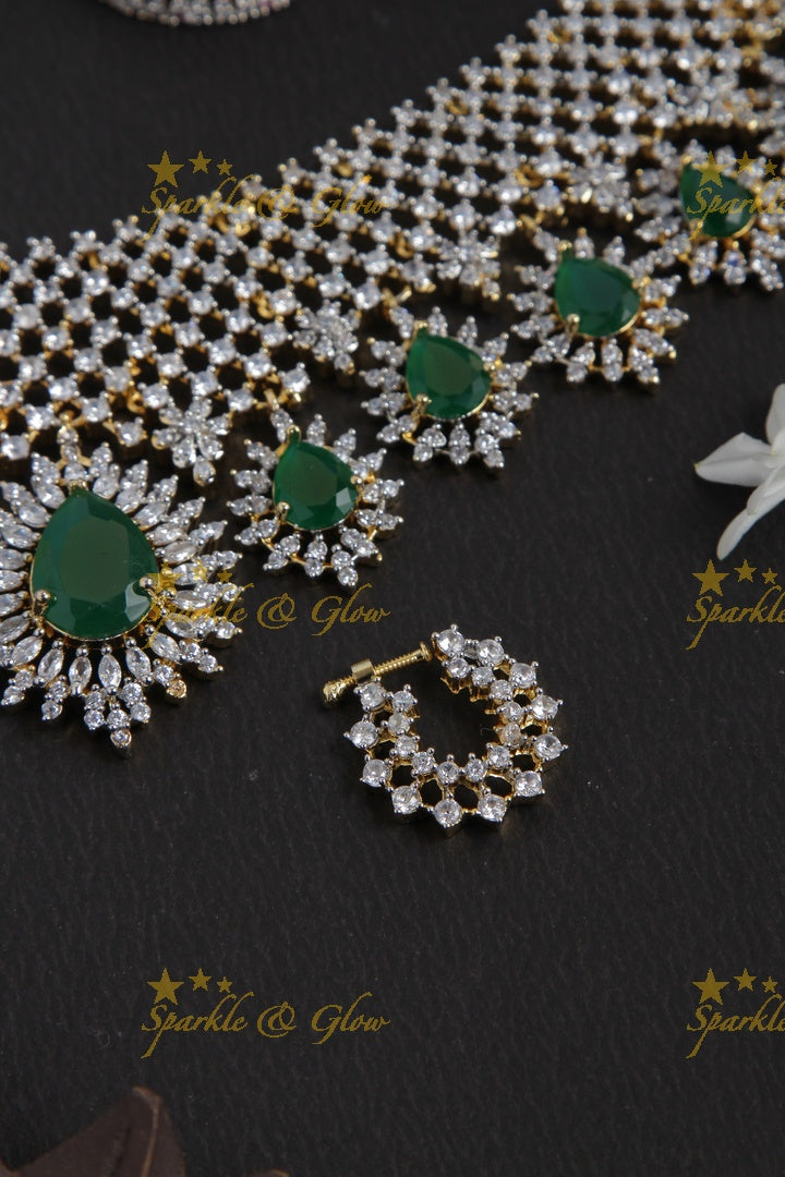 Beautiful gj polish necklace  with maang tikka and earrings,nosepin