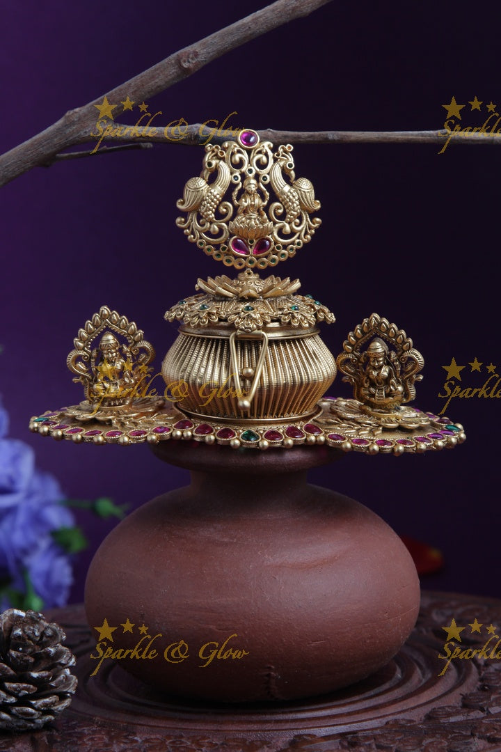 Gold alike antique polished Lakshmi carved tray design kumkum box