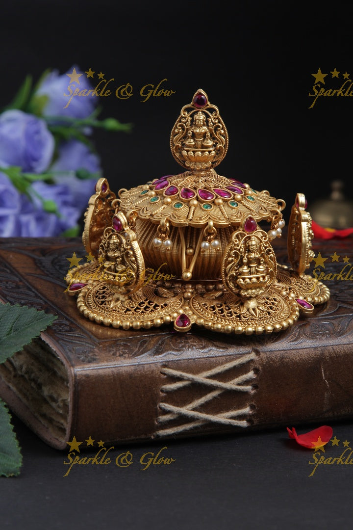 Gold alike antique polished Lakshmi and  temple carved  kumkum box