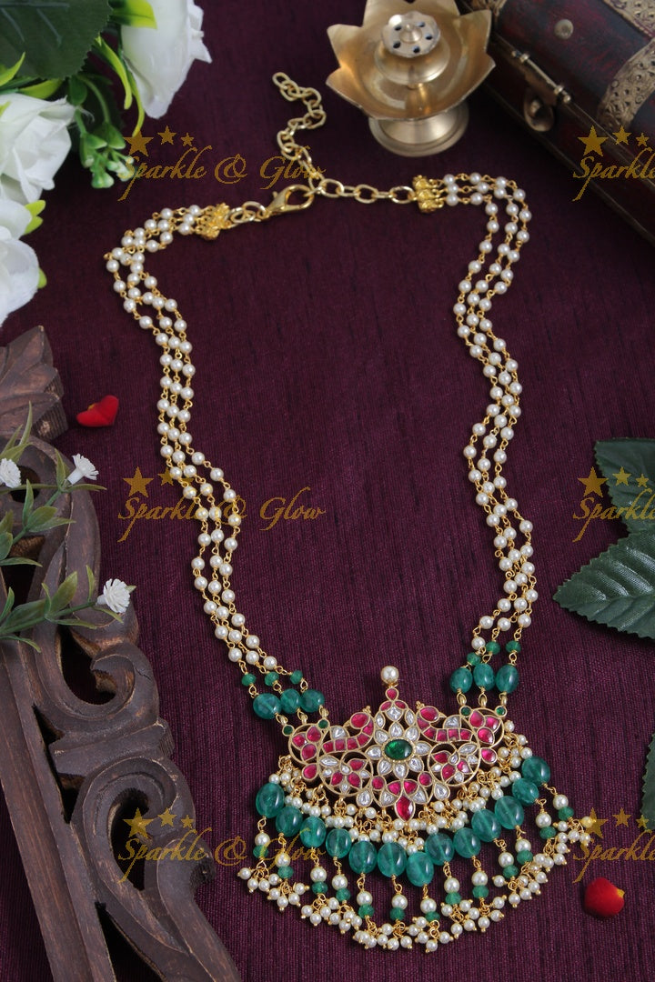 Jadau kundan peacock pearl pendent chain with green beads