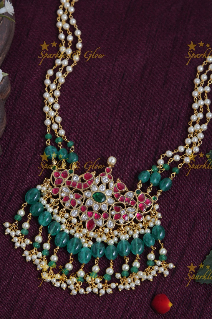 Jadau kundan peacock pearl pendent chain with green beads