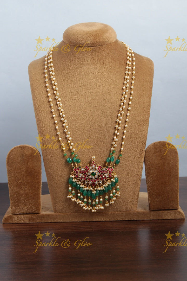 Jadau kundan peacock pearl pendent chain with green beads